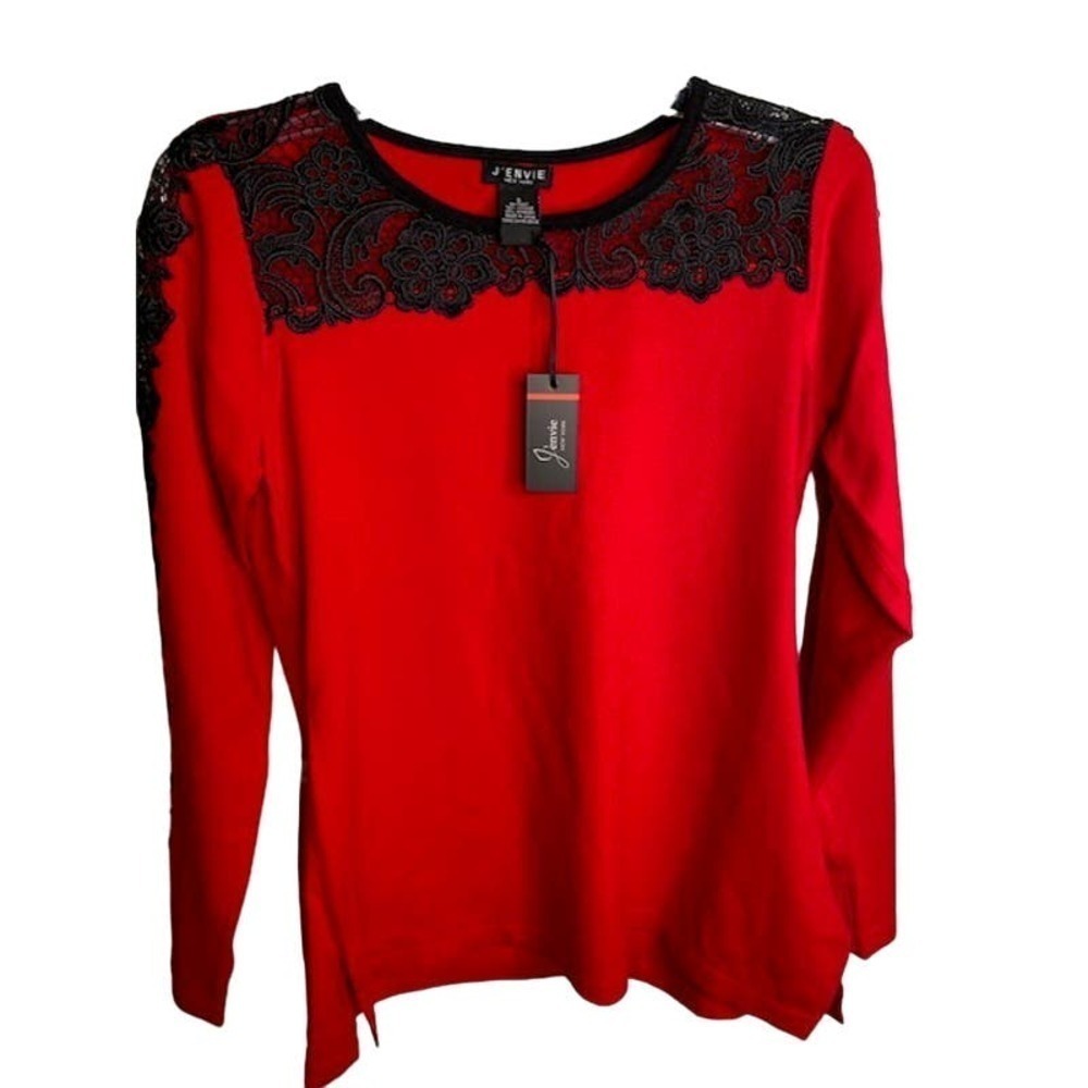 J' Envie New York Red w/Black Lace Women's LS sweater top Sz Small NWTs